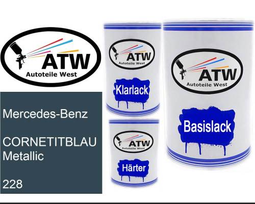 Mercedes-Benz, CORNETITBLAU Metallic, 228: 500ml Lackdose + 500ml Klarlack + 250ml Härter - Set, von ATW Autoteile West.